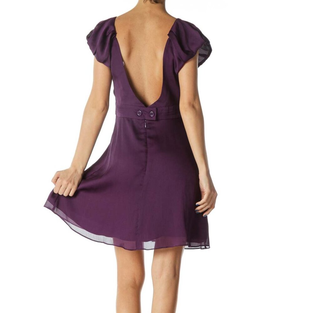 BCBGeneration Purple Open-Back Scrunched Cap Sleeves Flared Dress - Picture 3 of 3